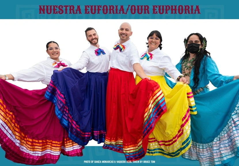 Image of people wearing colorful folkloric dresses with text "Nuestra Euforia," Oct. 18, 2025 to Jan. 10, 2026