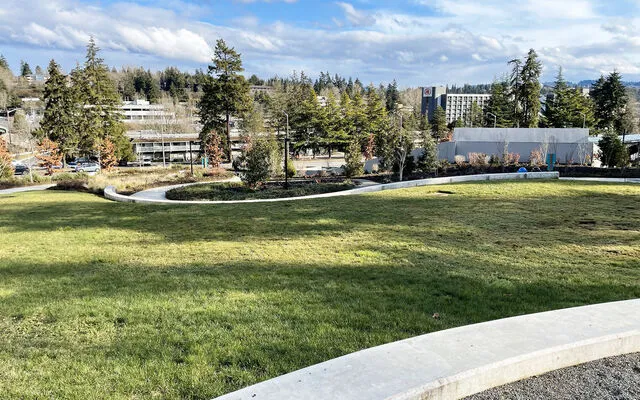 A large grass meadow dominates the new park at 112th Avenue and Main Street.