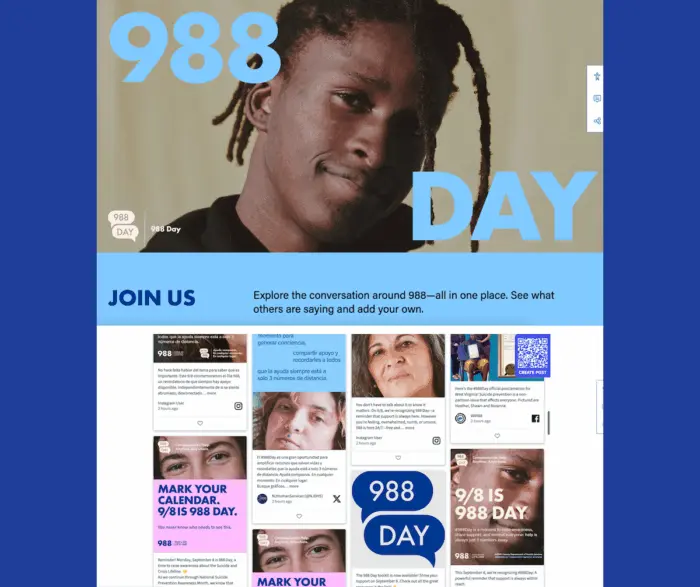 A screenshot of the 2025 988 Day Social Media Wall