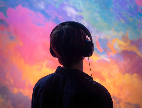 Teenager wearing headphones in a low light sensory friendly museum.