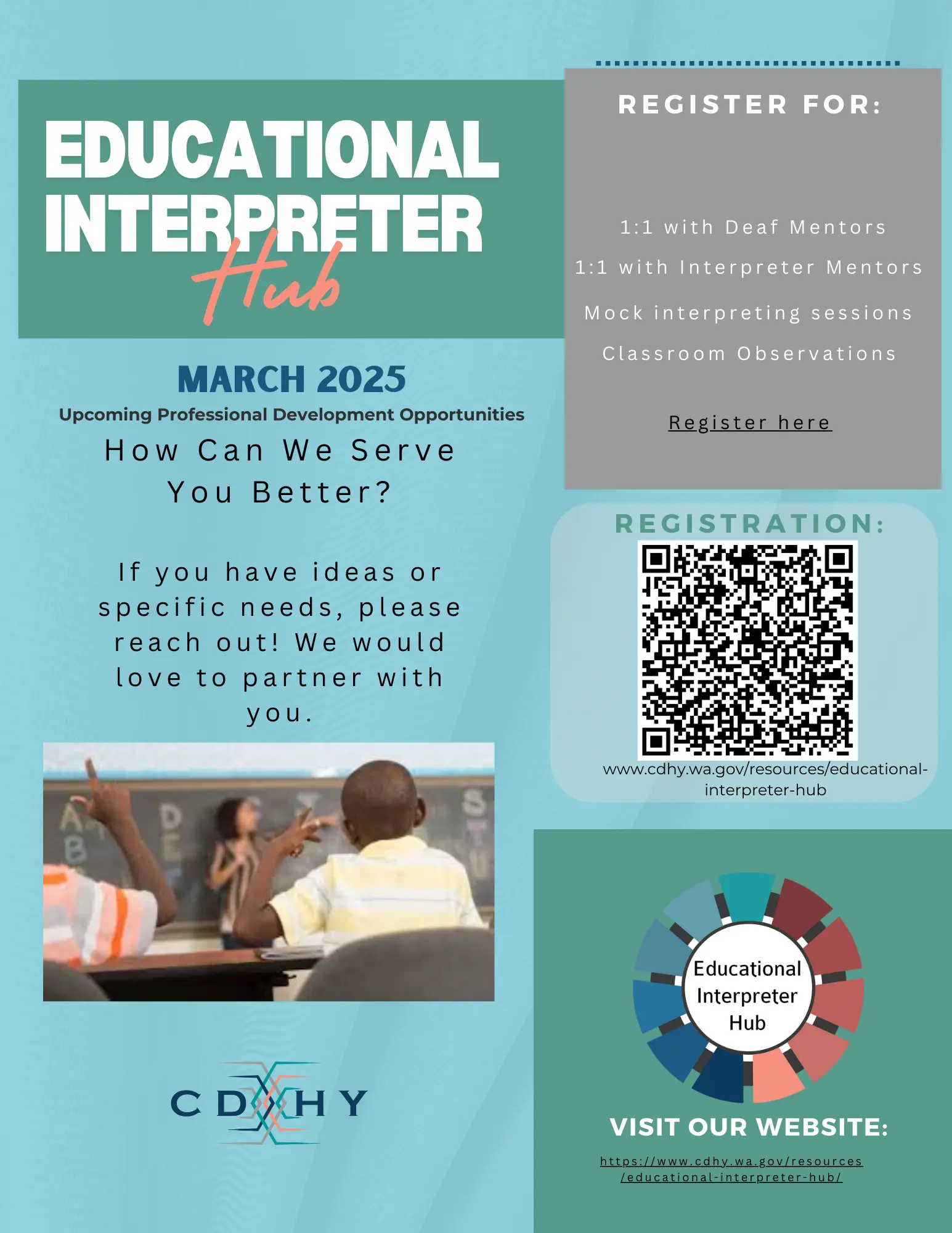 March 2025 educational interpreter hub flyer.