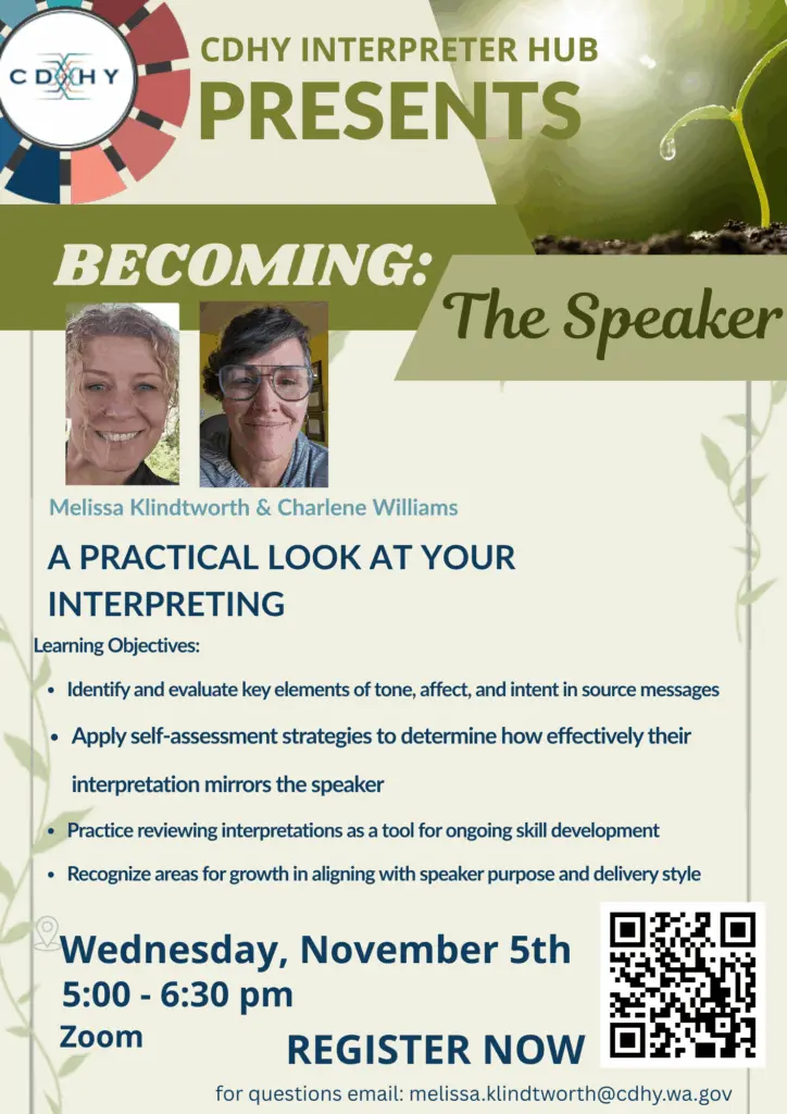 Promotional flyer for "BECOMING: The Speaker" event by CDHY Interpreter Hub on November 5th via Zoom.